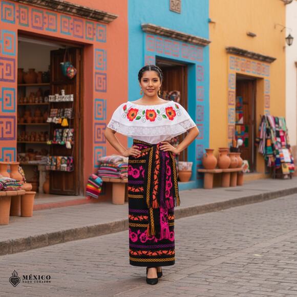 Traditional Mexican Floral Cambaya Dress Set – Handmade Three-Pieces - Picture 2 of 8
